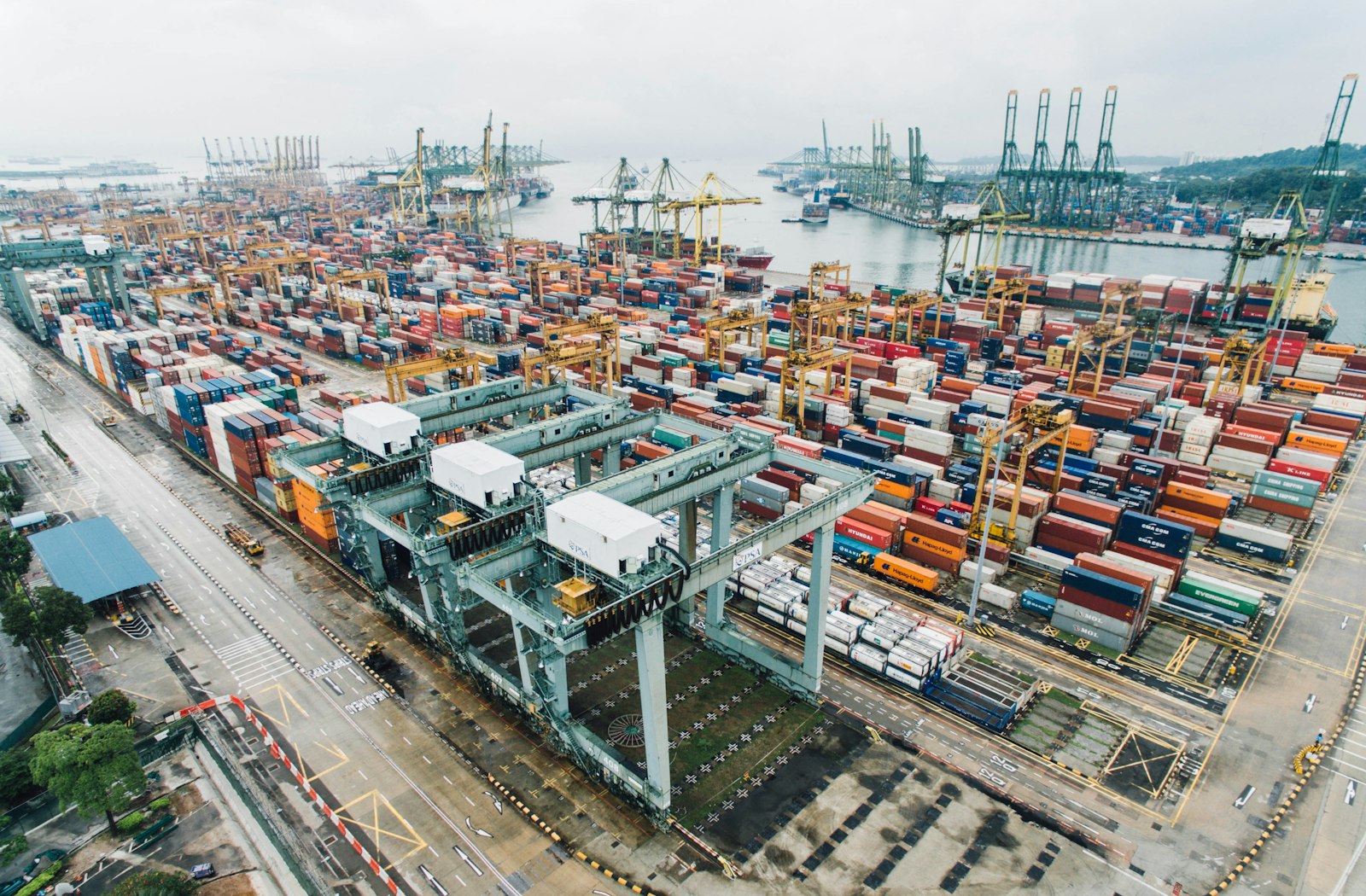 Aerial view of a container port at dusk
